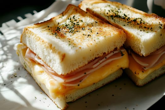 Crispy toasted sandwich with ham and melted cheese isolated background, Breakfast food, Closeup.