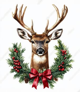 Christmas deer head with red bow and Christmas wreath on white background.