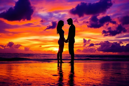 A couple is standing on the beach at sunset with a red sky. AI..