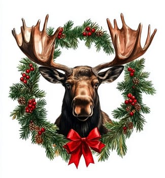 Christmas moose head with red bow and Christmas wreath on white background..