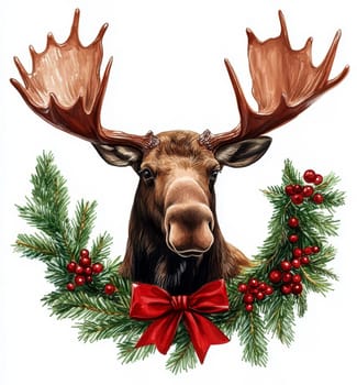 Christmas moose head with red bow and Christmas wreath on white background..