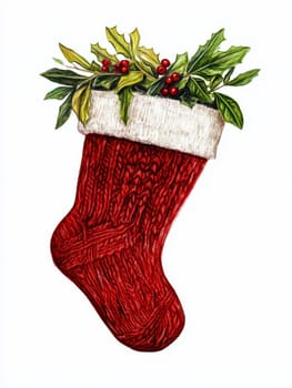 oil pastel painting of a red knitted sock with a mistletoe at the brim isolated on a white background, in the style of a clipart sublimation design --ar 3:4 --v 6.1 Job ID: 11c98943-86ec-4828-a53a-d83e0b8c6224