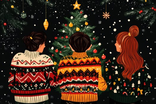 Illustration of office ugly sweater Christmas party of young man and woman on new year eve night with Christmas costume..