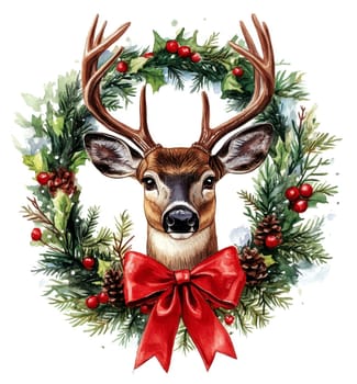 Christmas deer head with red bow and Christmas wreath on white background.