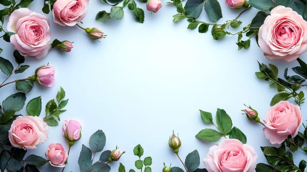 pink roses and rosebuds arranged on a white background with space for text. Flat lay design of pink floral arrangement for a romantic setting..
