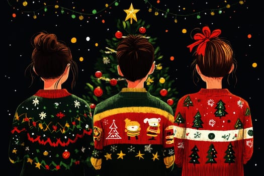 Illustration of office ugly sweater Christmas party of young man and woman on new year eve night with Christmas costume..