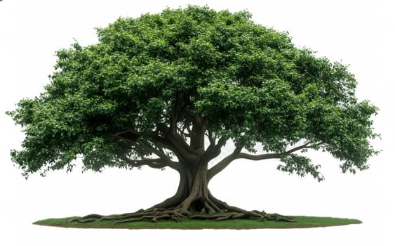 Tree with large, lush green leaves and thick branches, standing alone on a white background.