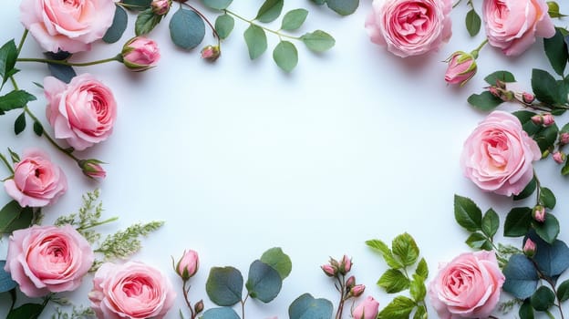 pink roses and rosebuds arranged on a white background with space for text. Flat lay design of pink floral arrangement for a romantic setting..
