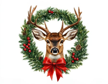 Christmas deer head with red bow and Christmas wreath on white background.