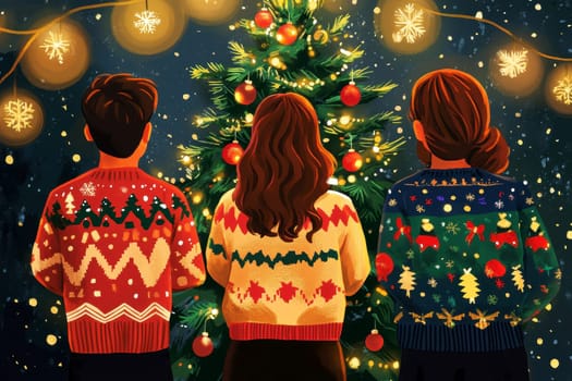 Illustration of office ugly sweater Christmas party of young man and woman on new year eve night with Christmas costume..