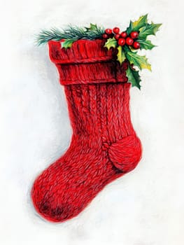 Festive Christmas red knitted sock with a mistletoe on White Background..