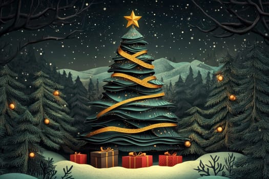 christmas trees and pine trees with gift box made of paper, paper arts and crafts, in a snowy and white environment. ai generative. High quality illustration