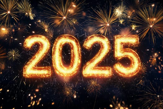Happy new year fireworks making the number 2025, dark background, New year Celebration with fire work.
