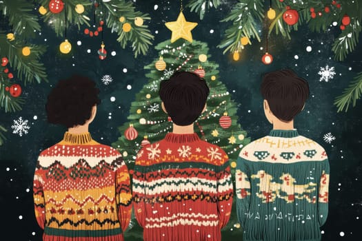 Illustration of office ugly sweater Christmas party of young man and woman on new year eve night with Christmas costume..