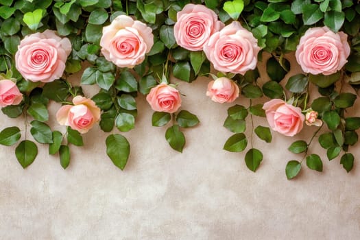 pink roses and rosebuds arranged on a soft pink background with space for text. Flat lay design of pink floral arrangement for a romantic setting..