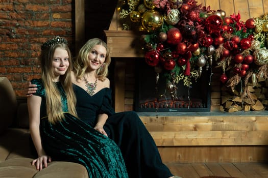 woman fireplace new girl winter holiday xmas child people family year background gift christmas tree