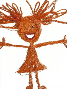 Illustration of a happy girl with open arms, created with orange string on a white background, evoking joy and childhood