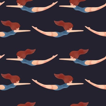 Seamless pattern with floating women in vintage style. Swimming. Watercolor illustration on black background.