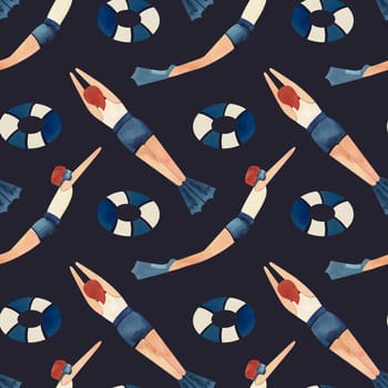 Seamless pattern with floating men in vintage style. Swimming. Watercolor illustration on black background.