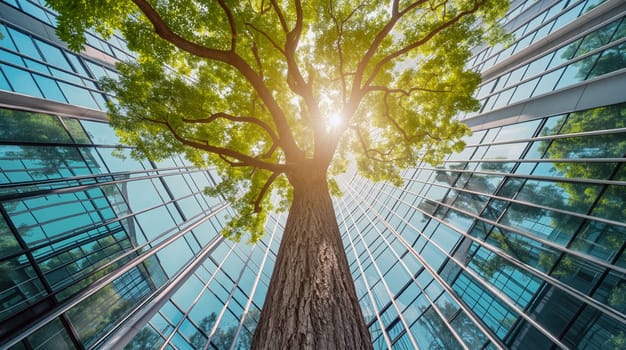 A vibrant tree reaches skyward, surrounded by tall glass buildings. Sunlight pours through the leaves, creating a peaceful contrast in the bustling urban environment - Generative AI