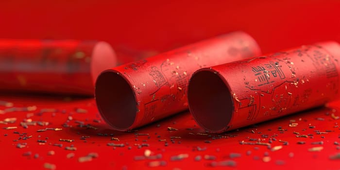 Vibrant chinese new year celebration firecrackers on festive red background.