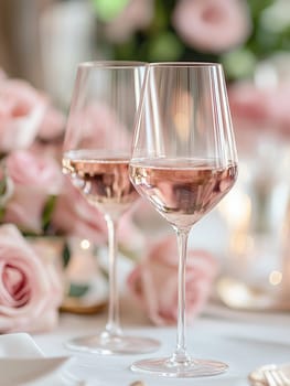 Elegant wine glasses on a softly lit table with roses for romantic evening or celebration.