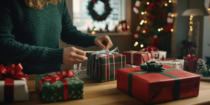 Festive gift wrapping station at home with beautifully decorated presents for christmas.