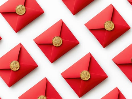 Lunar new year celebration. Flat lay of Chinese red envelopes with gold coins.