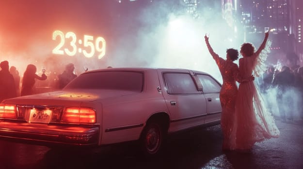 Glamorous couple is celebrating new year's eve in style, raising their arms in excitement as the clock strikes midnight, with a limousine waiting for them in the background