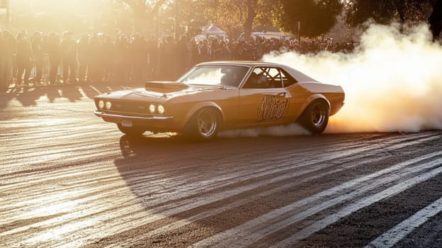 Powerful sports cars race through city streets at sunset, leaving a trail of smoke, thrilling spectators with high speed action