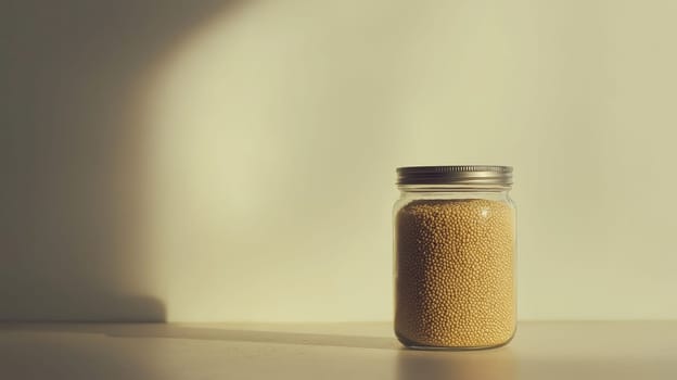 A small glass jar containing pale yellow amaranth seeds is highlighted in a sunlit setting. the minimalist composition emphasizes natural textures, ideal for themes of organic cooking, healthy living, and rustic kitchen decor.
