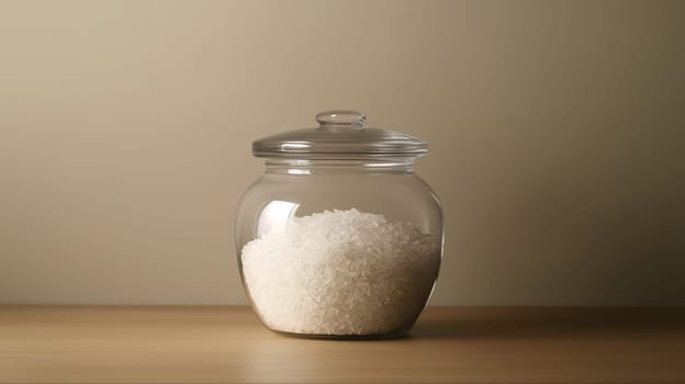 Transparent jar filled with white rice, placed on a wooden surface. ideal for kitchen decoration or food storage themes, minimalist and functional design in home environments.