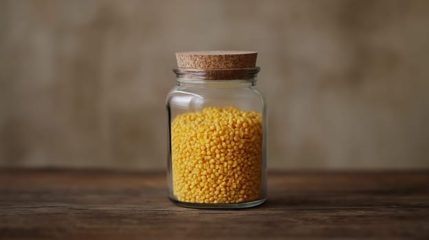 A clear glass jar with a cork lid is filled with bright yellow millet, placed on a rustic wooden table. the blurred neutral background offers a warm and cozy atmosphere, ideal for culinary or kitchen decor.