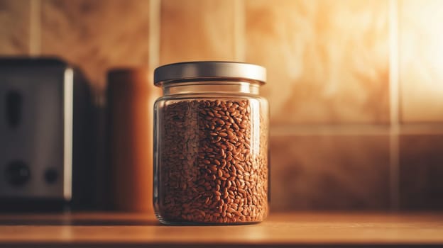 A clear glass jar filled with shiny brown flaxseeds, perfect for healthy cooking and kitchen storage, sits on a warm-toned kitchen counter. ideal for natural food photography, featuring organic ingredients and home organization.