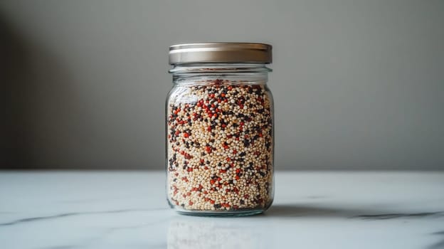 A glass jar filled with multicolored quinoa is placed on a smooth marble surface, showcasing its vibrant texture and natural colors. suitable for kitchen decor, nutritional showcases, and culinary ingredient presentations.