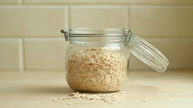 A glass jar filled with fresh rolled oats sits on a subtle, light-colored kitchen counter. the scene highlights health-focused food storage, emphasizing the simplicity and elegance of minimalistic kitchens.