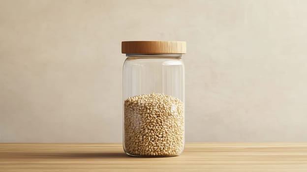 A minimalist composition featuring a transparent glass jar filled with pearl barley on a wooden surface. the jars natural wood lid complements the rustic kitchen aesthetic, ideal for healthy cooking or pantry organization themes.