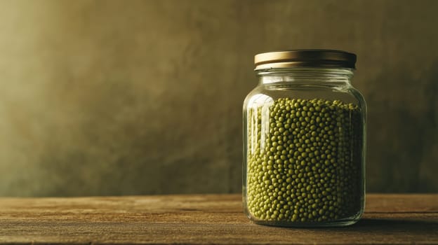 Rustic setting a glass jar filled with green mung beans, placed on a wooden surface. the scene evokes a sense of simplicity and organic living, suitable for food photography and sustainable lifestyle themes.
