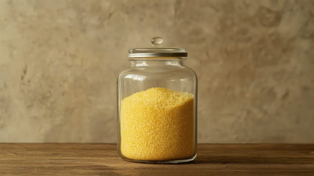 Clear glass jar filled with vibrant yellow cornmeal, set on a rustic wooden surface against a textured background. ideal for use in kitchen themes, cooking blogs, and food-related designs.