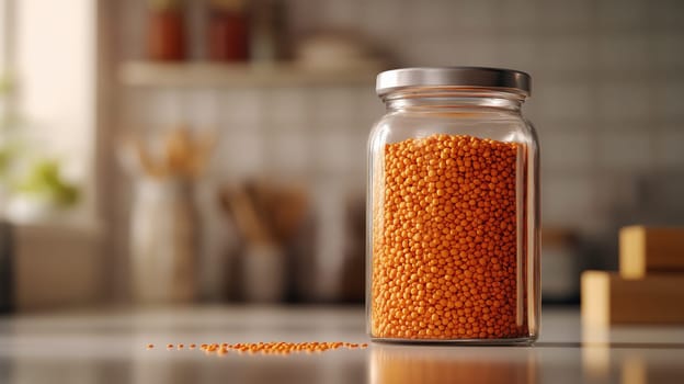 A clear glass jar filled with vibrant red lentils placed on a kitchen counter, offering a vivid pop of color and showcasing healthy cooking essentials. the background features a softly blurred kitchen setting.