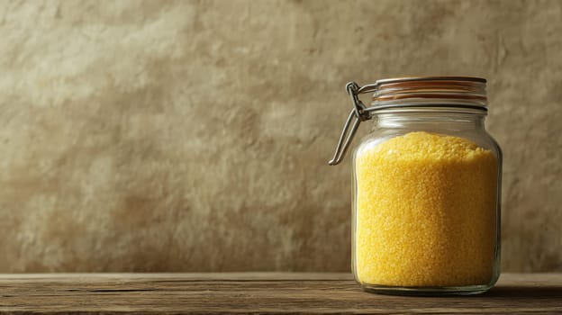 Transparent glass jar filled with vibrant yellow cornmeal placed on a rustic wooden surface against a textured background. ideal for kitchen decor and food ingredient storage, emphasizing natural and simple living.