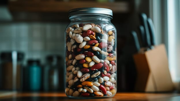 A transparent glass jar brimming with a colorful assortment of mixed beans is positioned on a kitchen countertop. the scene emphasizes natural lighting and a tidy kitchen setting, ideal for themes of healthy eating, storage, and home organization.