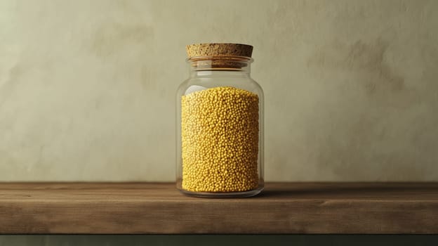A transparent glass jar with a cork lid, filled with vibrant yellow millet, sits on a rustic wooden shelf against a textured wall. the warm tones and natural textures create a cozy, homely atmosphere.