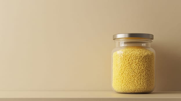 Transparent glass jar containing golden yellow couscous placed on a beige surface. minimalist design emphasizes the rustic charm and organic texture of the couscous, ideal for cooking and culinary presentations.