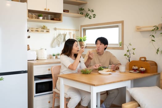 Happy asian couple enjoying enjoying a nutritious meal in their home kitchen.