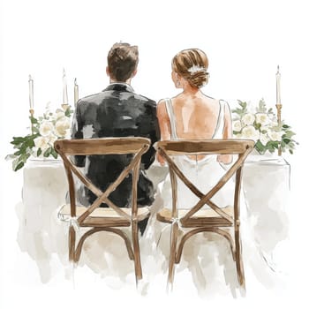 Image of the bride and groom in wedding dresses. They are sitting on chairs at the wedding table. Rear view. High quality photo