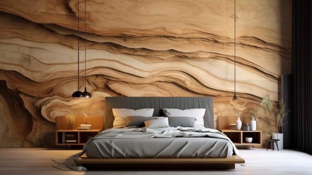 Bedroom interior. Shade of the bedroom wall with the illusion of solid wood. Solving the environmental problem of deforestation. Replacement of natural building materials with alternative ones.