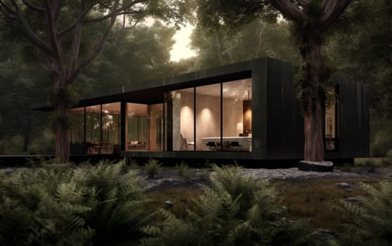 Beautiful modern modular home with wild nature in the background. Modern architecture.