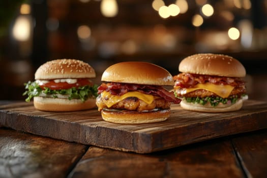 Three juicy tasty hamburgers lie on a wooden table in a bar or cafe. High quality photo