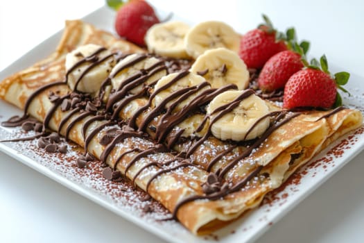 Hot appetizing pancakes on a plate, decorated with chocolate and slices of strawberry and banana. High quality photo